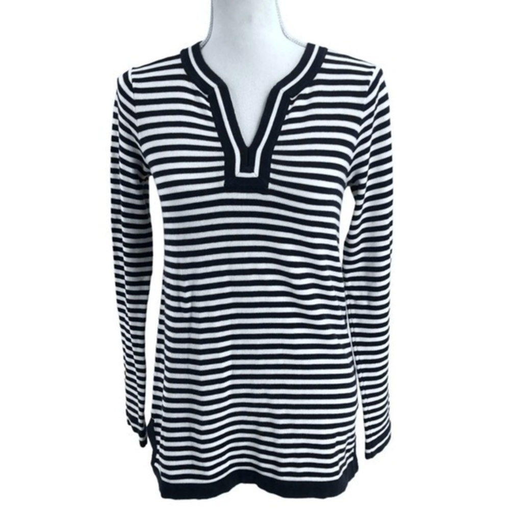 Lands' End Women’s Split V Neck Striped Lightweight Sweater Navy Blue & White XS